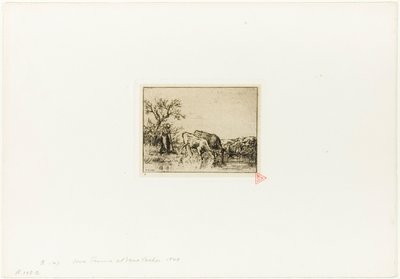 2頭の牛の世話をする女性 作： Charles Emile Jacque