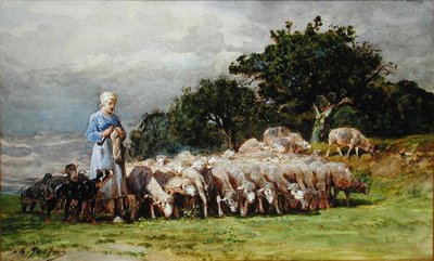 羊の群れを連れた羊飼いの女性（水彩・紙） 作： Charles Emile Jacques