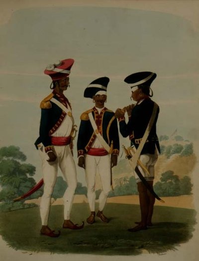 マドラス、グルカセア隊の将校と一等兵、「Oriental Drawings」のプレート37、Thomas Medland (1755-1823)のエングレーヴィング、パブ。1806年（アクアチント）。 作： Charles Emilius (after) Gold