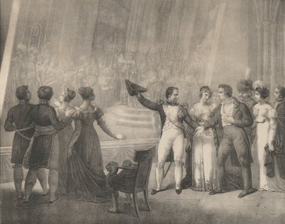 1808 年 1 月 4 日、ダビデのアトリエを訪れるナポレオンとジョセフィーヌ 1820-30。 作： Charles Etienne Pierre Motte