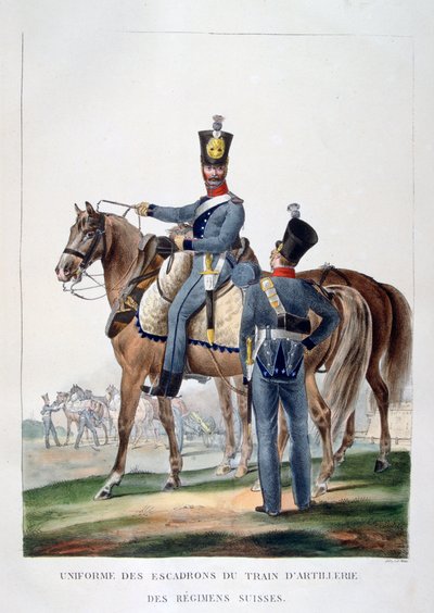 1823年、フランスのスイス連隊の馬大隊の戦隊の制服。 作： Charles Etienne Pierre Motte