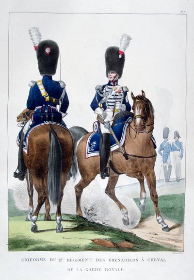 1823年、フランスの第2連隊、ホースグレナディエの制服。 作： Charles Etienne Pierre Motte