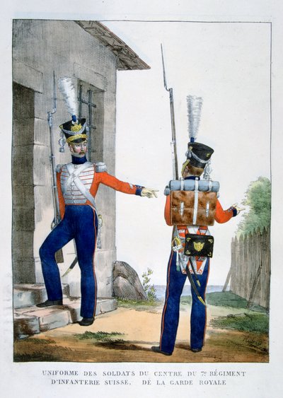 1823年のフランスの王室警備隊の第7連隊のスイス第7連隊の制服。 作： Charles Etienne Pierre Motte