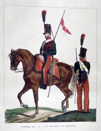 マウントされた9番目と10番目のシャセル連隊の制服、1823年。 作： Charles Etienne Pierre Motte