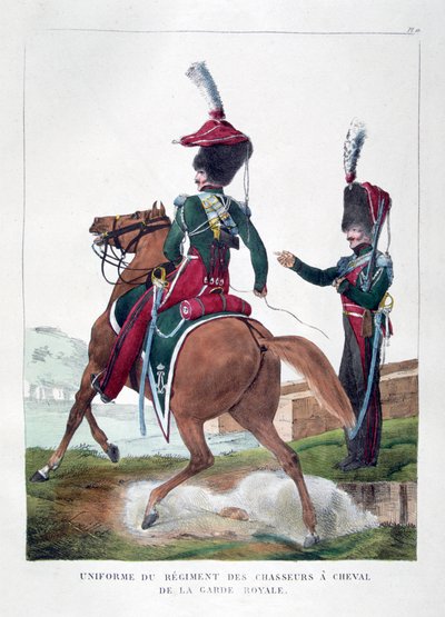 1823年にフランスのロイヤルガードの騎馬騎兵連隊の制服。 作： Charles Etienne Pierre Motte