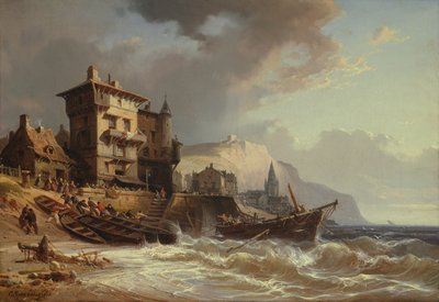 19世紀ブルターニュの海岸に船を運ぶ 作： Charles Euphrasie Kuwasseg