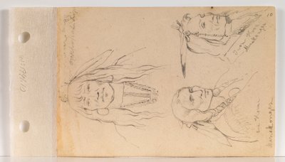 Mato Chuthuhu (クマの肋骨)、Ha won je tah (One Horn/Lone Horn)、および Heh Mah Zah (Iron Horn) (リーフ 10 recto) の肖像画 作： Charles Ferdinand Wimar