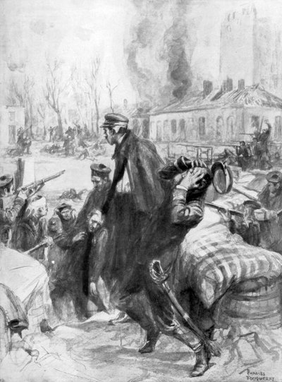 1914年1926年、ベルギーのフランダース、ディクスムイドでストリートバトルに参加した海兵隊。 作： Charles Fouqueray