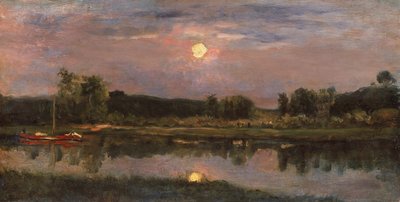 月明かりに照らされた川の風景、1855年頃（船上油） 作： Charles Francois Daubigny
