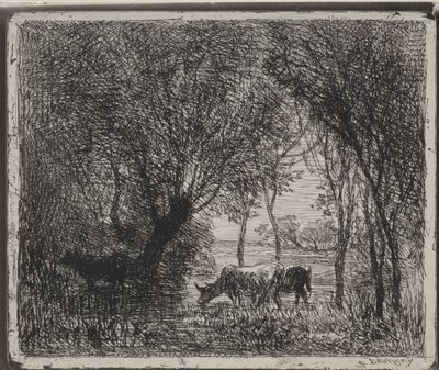 森の中の牛、オリジナルの印象1862、1921年に印刷。 作： Charles Francois Daubigny