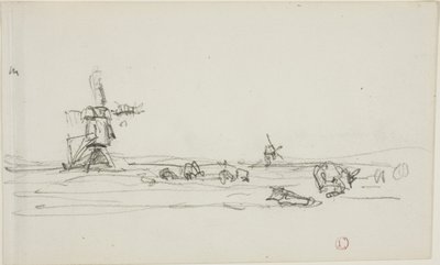 オランダの風景（レクト）、水辺の風車のスケッチ（裏面） 作： Charles Francois Daubigny