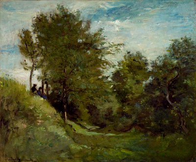 1870年代後半、銀行に座っている人物のいる風景 作： Charles Francois Daubigny