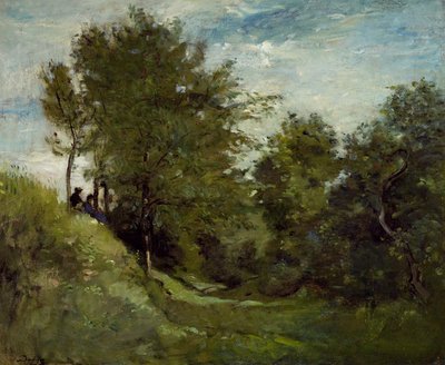 銀行に座っている人物のいる風景、1870年代後半 作： Charles Francois Daubigny