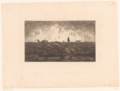 雨が降る中の羊飼いと羊のいる風景 ロンディー 作： Charles Francois Daubigny