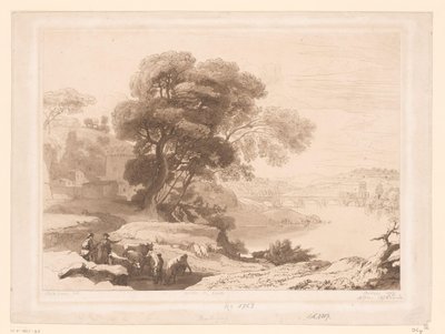 川のほとりに羊飼いと牛がいる風景 作： Charles Francois Daubigny