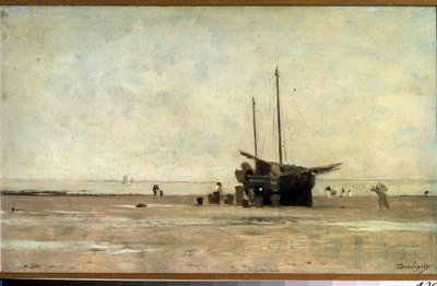 「シースケープ」 干潮時に砂の上を走る帆船。 シャルル フランソワ ドービニー (1817-1878) による絵画 1868-1872年 プーシキン美術館、モスクワ 作： Charles Francois Daubigny