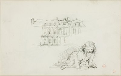 スケッチ：ホテル・ド・ヴィル、トゥールと遊ぶ少女（レクト）、コウノトリ（裏面） 作： Charles Francois Daubigny