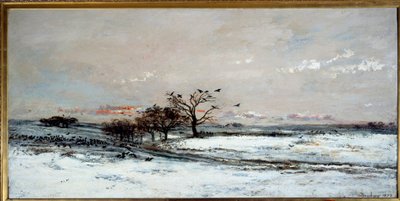 夕陽に照らされた雪景色。シャルル・フランソワ・ドービニー（1817-1878）の絵 作： Charles Francois Daubigny