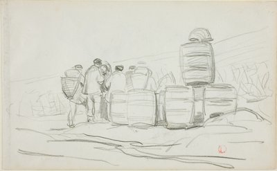 樽を持つ人々のグループの習作（レクト）；清掃する女性の2つの習作（裏面） 作： Charles Francois Daubigny
