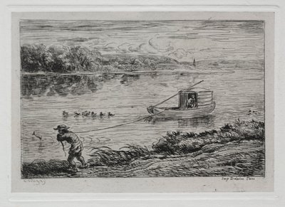 ボートトリップ：キャビンボーイが牽引ロープを牽引またはロープで牽引、1861年。 作： Charles Francois Daubigny