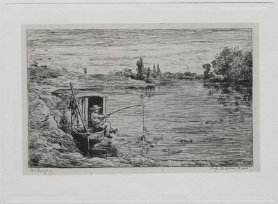 ボート旅行：キャビンボーイ釣りライン釣り、1861。 作： Charles Francois Daubigny