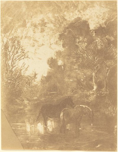 水飲み場で 2 頭の馬 作： Charles Francois Daubigny