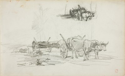 丸太を運ぶ牛のスケッチ2点 作： Charles Francois Daubigny