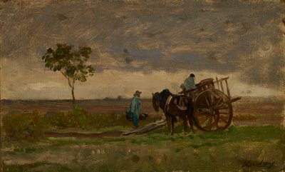 農家のチャリオットのある広大な風景（オークに油彩） 作： Charles Francois Daubigny