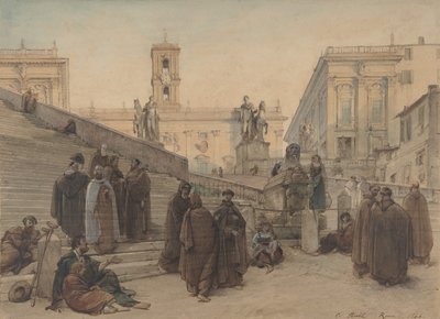 ローマのアラコエリ教会の階段から見たカンピドリオ、日没、1846年。 作： Charles Francois Houel