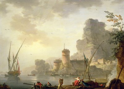 夕暮れ時の地中海のハーバーシーン 作： Charles Francois Lacroix de Marseille