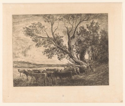 牛の水遊びのある風景 ル グエ 作： Charles François Daubigny (attributed to)