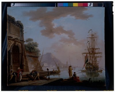 古代ローマのアーチの下で会話する東洋人と地中海の港 作： Charles François Grenier de Lacroix