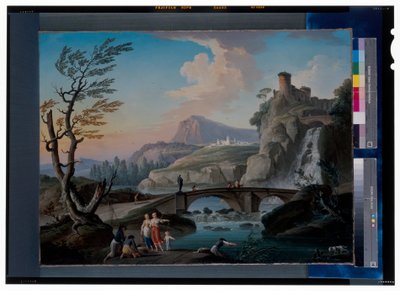 漁師が網を引く川の風景、岩場の風景、その向こうに歩道橋 作： Charles François Grenier de Lacroix