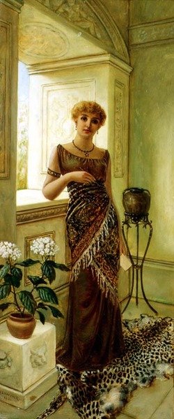 窓辺のクラシカルな女性 作： Charles Frederick Lowcock