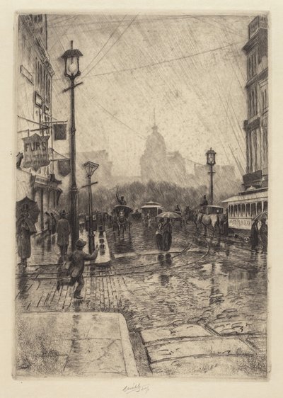雨の日、ブロードウェイ、おそらく 1890 年。 作： Charles Frederick William Mielatz