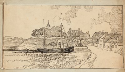 Purjevene rannalla laskuveden aikaan kylää kohti johtavan kaistan varrella 作： Charles George Harper
