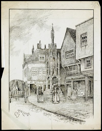 ハンプシャー州ウィンチェスター、ハイストリート、バタークロスの北西からの眺め（紙にペンとインク） 作： Charles George Harper