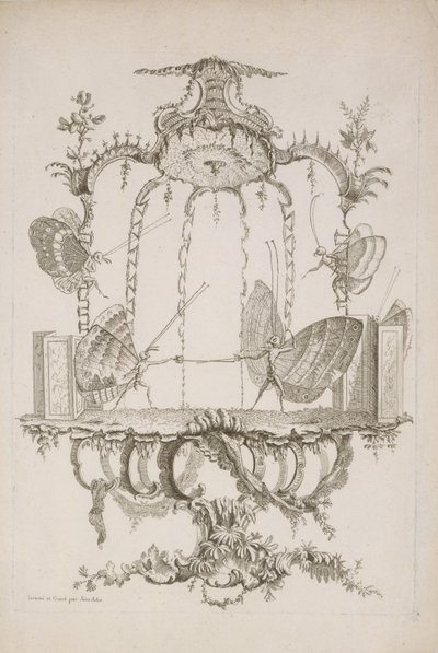 決闘、聖オービンによる人間の蝶に関するエッセイから。 1756-60。 作： Charles Germain de Saint Aubin