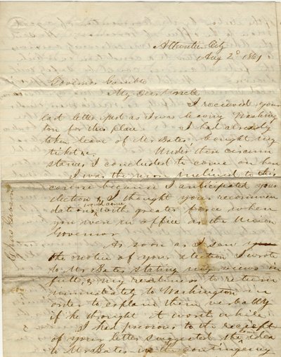 1861年8月2日、アトランティック・シティのC.ギブソン［Charles Gibson］に署名した手紙をギャンブル知事［Hamilton R. Gamble］に送る。 作： Charles Gibson