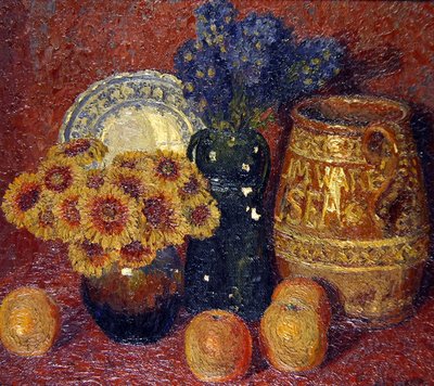 静物-花、陶器、リンゴ（キャンバスに油彩） 作： Charles Ginner