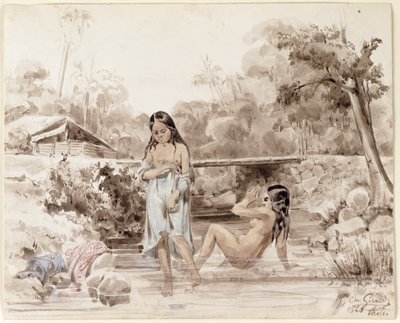 タヒチ海水浴、1844年（紙にペンとウォッシュ） 作： Charles Giraud