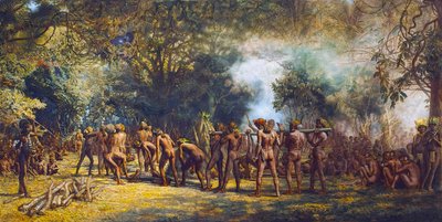 バヌアツのタンナ島での人食い人種の饗宴 c.1887 (キャンバスに油彩) 作： Charles Gordon Frazer