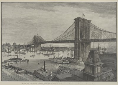 1800年代後半のブルックリンサイドからのニューヨークとブルックリンの吊り橋 作： Charles Graham