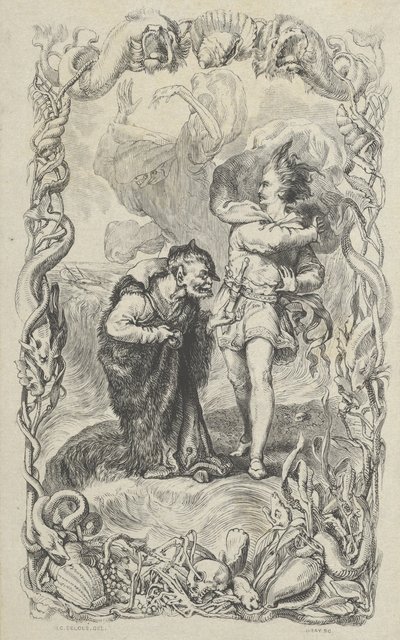 テンペストの挿絵: キャリバン、フェルディナンド、アリエル、1836 年。 作： Charles Gray