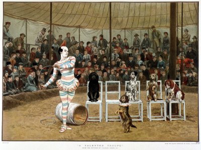 The learned dogs: circus scene with clown and dogs - after Charles Green, English chromo 1885.The learned dogs: circus scene with clown and dogs - after Charles Green, English chromo 1885.The learned dogs.¿The learned dogs: circus scene with clown and dogs 作： Charles Green