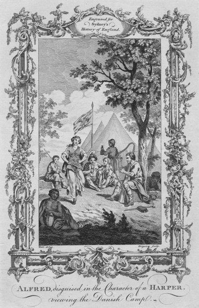 ハーパーのキャラクターに変装したアルフレッド、デンマークキャンプを鑑賞、1773年。 作： Charles Grignion