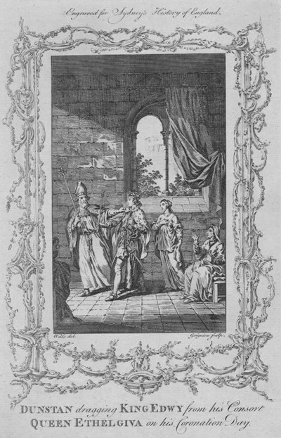ダンスタンは1773年の戴冠式の日に彼の配偶者女王エセルギバからエドウィ王を引きずりました。 作： Charles Grignion