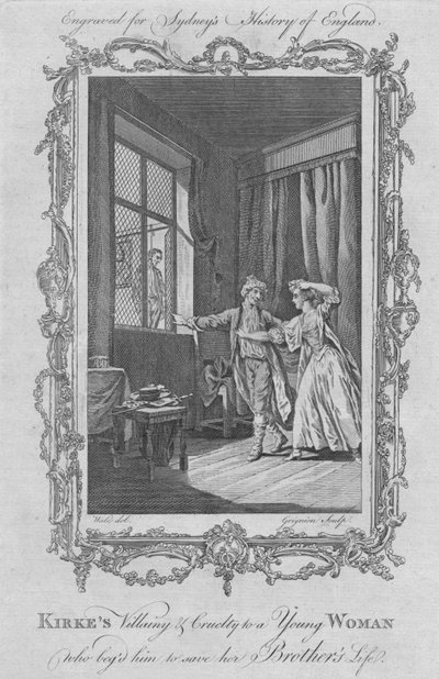 1773年に兄弟の命を救うように彼に懇願した若い女性に対するカークスの極悪と残酷さ。 作： Charles Grignion