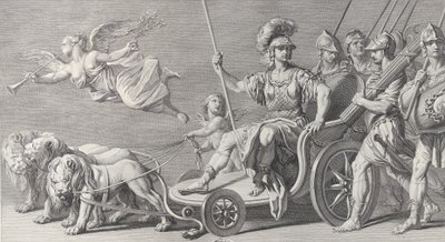 3 頭のライオンが引く戦車に乗った火星、1749 年。 作： Charles Grignion