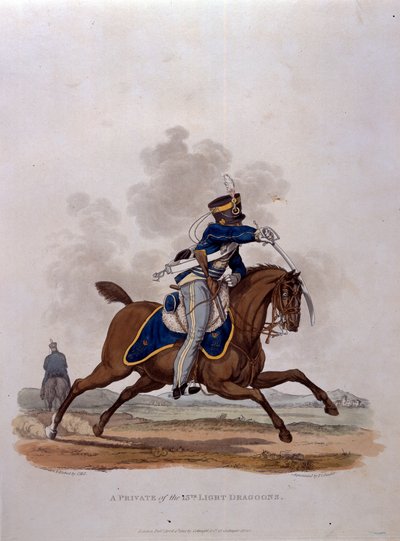 Colnaghi und Co. 1812-15によって発行されたJCスタドラーによって刻まれた「大英帝国の陸軍の衣装、最後の規則1812による」からの第13軽竜騎兵のプライベート。 作： Charles Hamilton Smith
